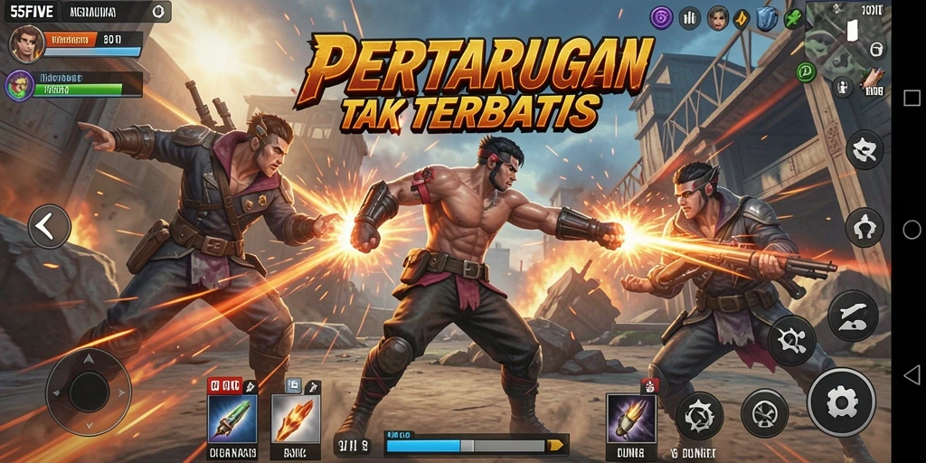 Screenshot utama 55FIVE menampilkan aksi bertarung yang intens.