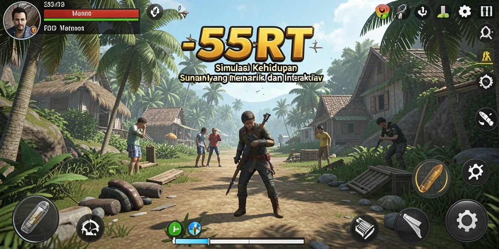 Tampilan gameplay menarik dari 55RT dengan karakter yang berinteraksi.
