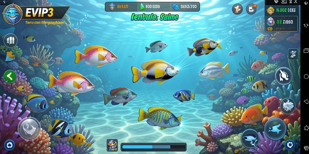 Screenshot gameplay EVIP3 menampilkan aksi menembak ikan yang seru.