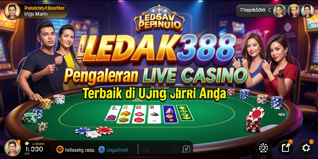 Screenshot LEDAK388 menunjukkan dealer langsung dan suasana kasino yang seru.