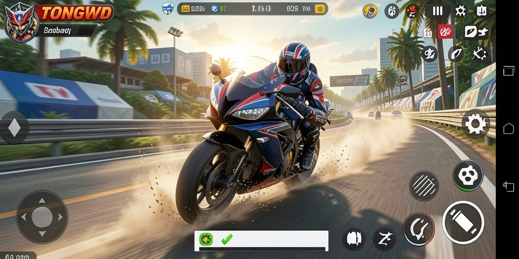 Screenshot gameplay TONGWD menampilkan balapan motor yang mendebarkan.